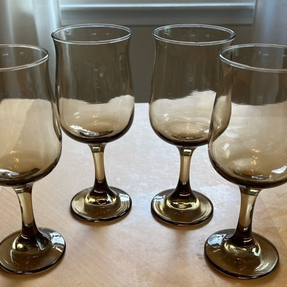 Vintage Tawny Amber Brown Stemmed Wine Glasses, Water Goblets 12 oz. Set of 4